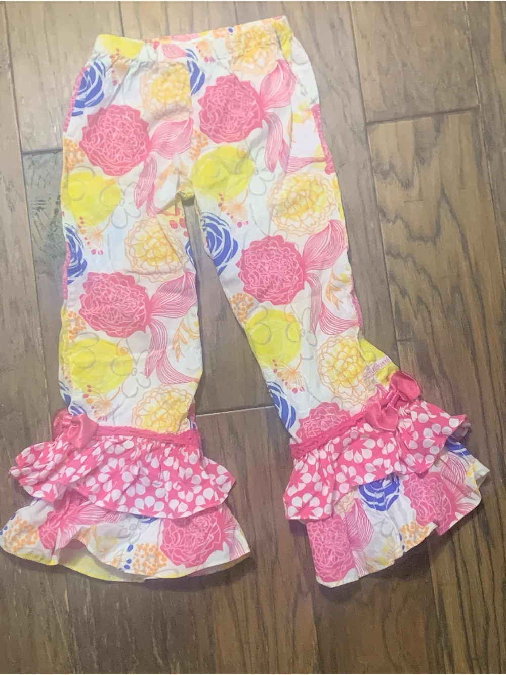 Ruffle Butts Brand Girls Floral Ruffle Hem Pull-On Pants - Pink, Yellow & Blue